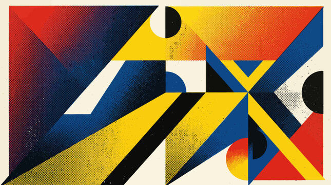 Abstract geometric composition with halftone patterns and vibrant colors