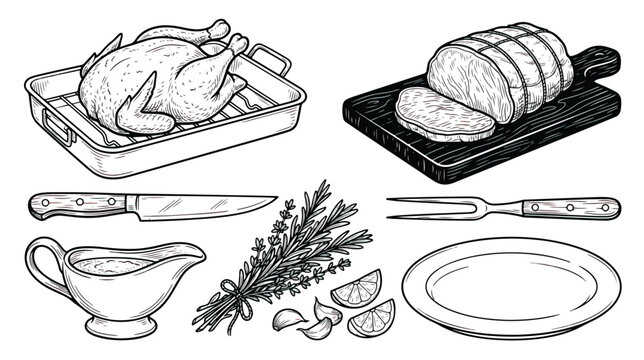 Vintage hand drawn roast dinner set, engraved whole chicken and beef brisket vector, rustic holiday meal elements for menu design
