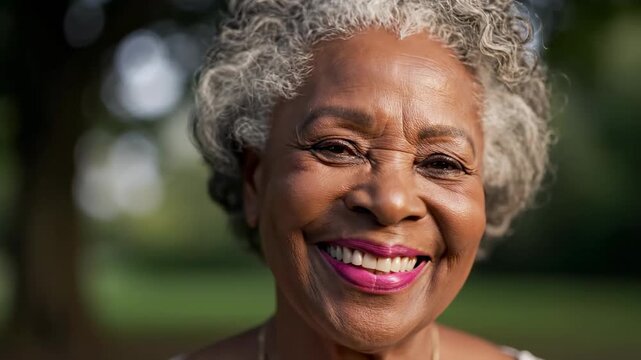 Radiant Smile: Close-up Portrait of a Happy Senior African American Woman with Grey Curly Hair in a Park, Ideal for Healthcare and Retirement Lifestyle Marketing.