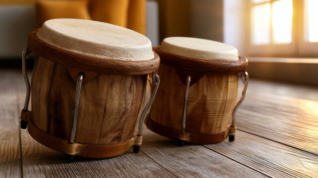 Handcrafted Wooden Bongo Drums in a Bright Room with Natural Light and a Cozy Atmosphere