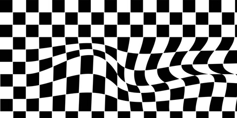 Obraz premium Abstract checkered background with distortion effect. Checkered pattern. surface. Black and white background, distorted chessboard. Abstract banner with distortion. Vector illustration.