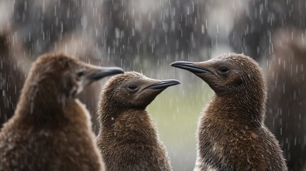 Obraz premium King penguin chicks gathered in creche during rainfall on subantarctic island, young aptenodytes patagonicus penguins huddling together for warmth and protection in wet coastal habitat, wildlife behav