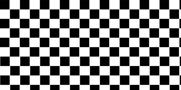 Abstract checkered background with distortion effect. Checkered pattern. surface. Black and white background, distorted chessboard. Abstract banner with distortion. Vector illustration.