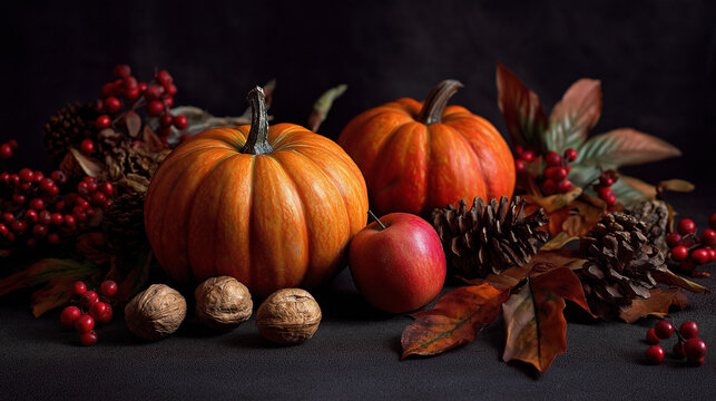 Autumn Pumpkin, Apples, Nuts and Yellow Leaves on Wooden Table with Chalkboard for Thanksgiving and Halloween