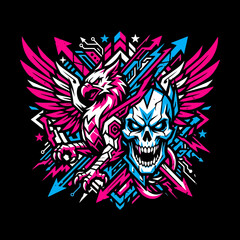 Obraz premium Skull and mythical bird graphic design on black