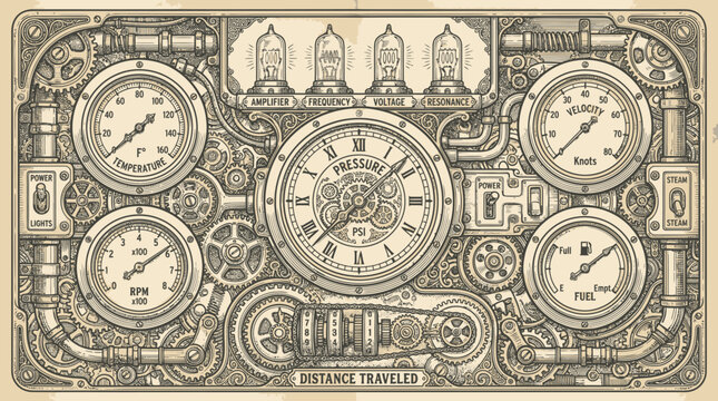 Detailed steampunk machinery illustration with gears, gauges and clockwork