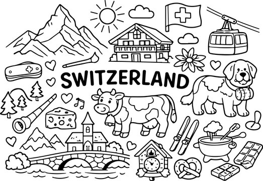switzerland cartoon outline hand drawn Line Art illustration doodle art coloring page for kids