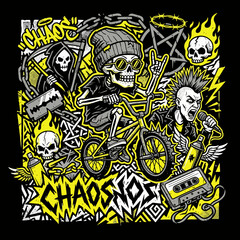 Obraz premium Cartoon illustration of chaos and anarchy on black background