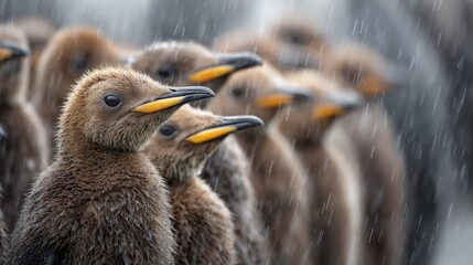 Obraz premium King penguin chicks gathered in creche during rainfall on subantarctic island, young aptenodytes patagonicus penguins huddling together for warmth and protection in wet coastal habitat, wildlife behav