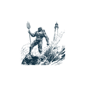 Hand drawn vintage illustration of a deep sea diver in a classic vintage diving suit holding a trident standing on a rocky shore with a lighthouse and splashing rough waves in the background.