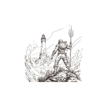 Hand drawn vintage illustration of a deep sea diver in a classic vintage diving suit holding a trident standing on a rocky shore with a lighthouse and splashing rough waves in the background.
