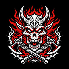 Obraz premium Skull with horns and axes on a black background