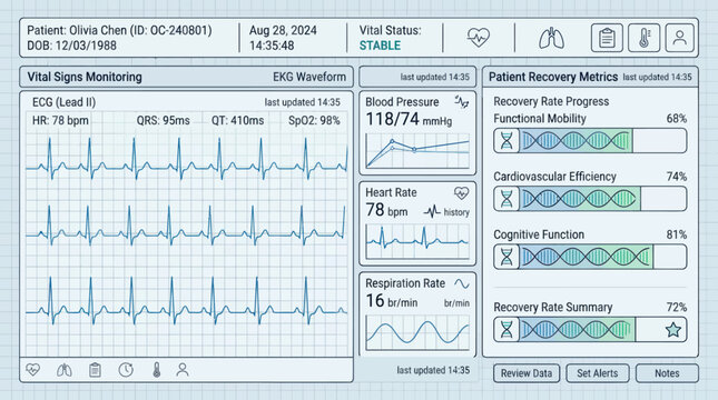 Digital patient vital signs monitor screen showing a normal heart rhythm