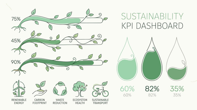 Environmental impact infographic with plant growth charts and icons