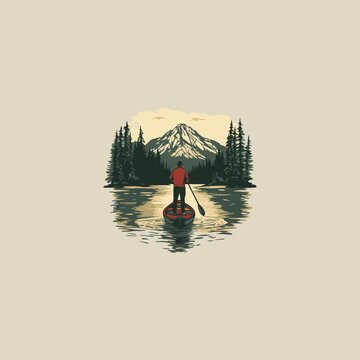Man paddling a canoe on a calm lake with mountain and pine forest vector illustration.