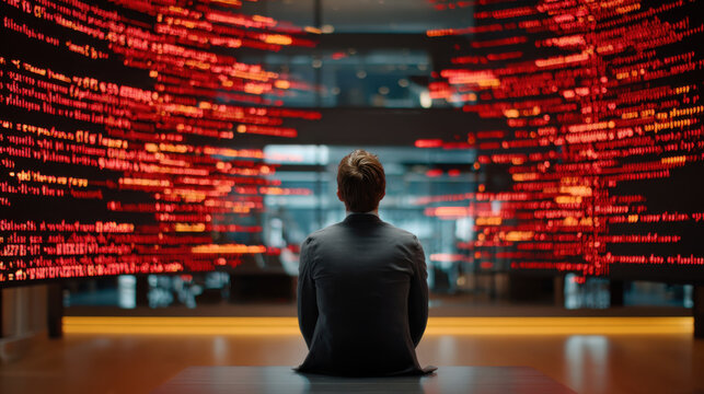 Rear view developer in modern office with red code display, computer security concept, blurred digital screen glow