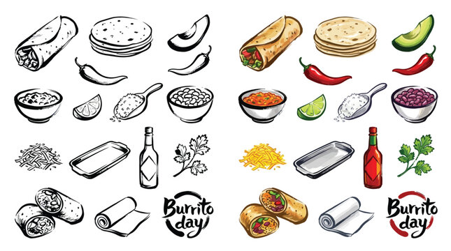 Collection of hand-drawn and colored illustrations of burrito ingredients and related items.
