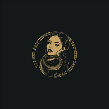 Mystical woman portrait illustration with a snake wrapped around her