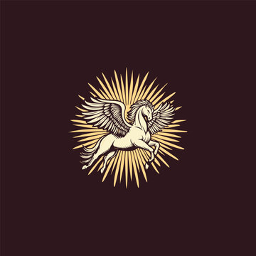 Mythological flying pegasus horse illustration with sunburst rays background in vintage hand drawn style.