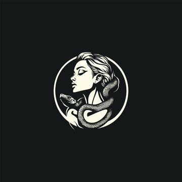 Mystical woman portrait illustration with a snake wrapped around her