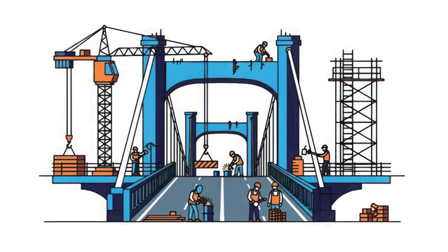 Bridge Construction Illustration with Workers and Crane. Infrastructure Development and Civil Engineering Project.