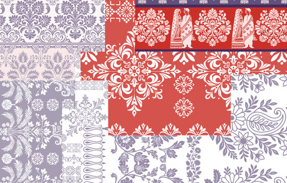 Traditional Indian wedding patchwork seamless pattern. Features ethnic floral damask, paisley, and decorative borders with Indian bride and groom figures. Beautiful cultural background in red, lavende