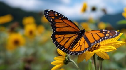 Obraz premium Monarch butterfly perched on vibrant sunflower bloom in summer garden, colorful pollinator insect displaying delicate orange and black patterned wings, close up wildlife nature scene with bright yello