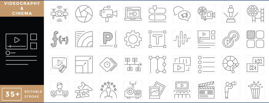 Videography and Cinema related 36 line icons set. Vector editable stroke.