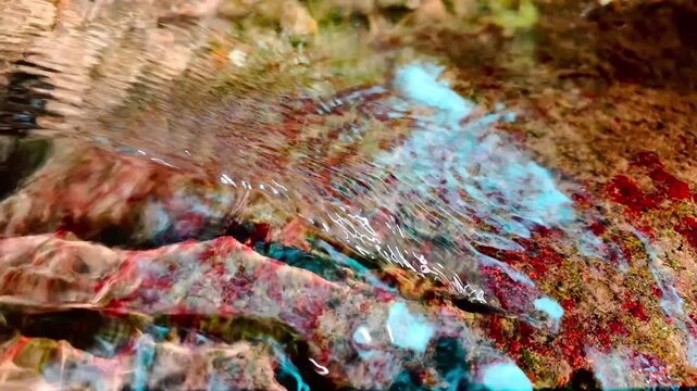 Crystal Clear Mountain Stream Water Flowing Over Red Rocks - 4K Abstract Background