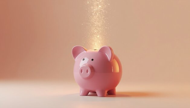 Pink piggy bank with falling golden particles representing wealth growth investment particles business financial abundance currency frugality interest planning security perspective