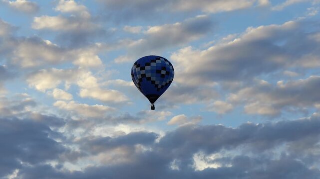 Blue checkered pattern hot air balloon flying high cloudy sky background conceptual freedom cloud computing data tracking growth travel adventure