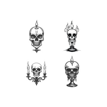 Hand drawn vintage skull and candle illustration collection set isolated on white background.