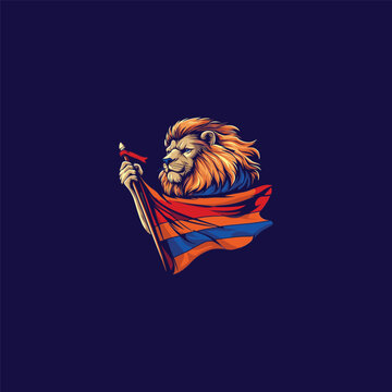Majestic lion holding a flag vector illustration, powerful lion mascot logo design on dark background.