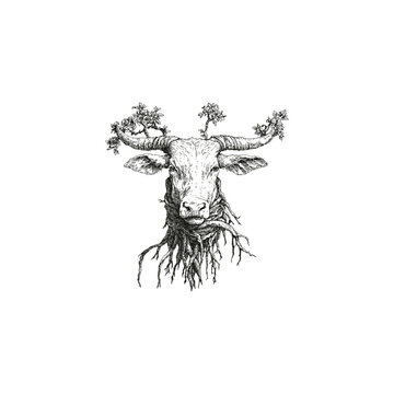 Hand drawn vintage engraving illustration of a mystical bull head combined with tree roots and growing branches on horns, isolated on white background.