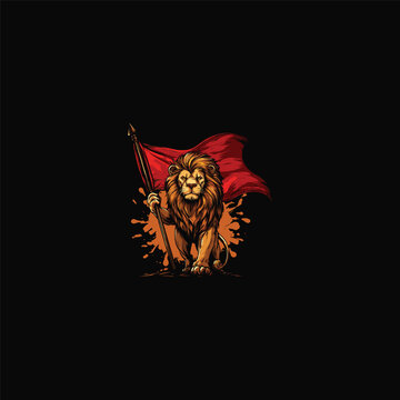 Powerful lion warrior mascot illustration holding a waving red flag with orange paint splash on a black background.