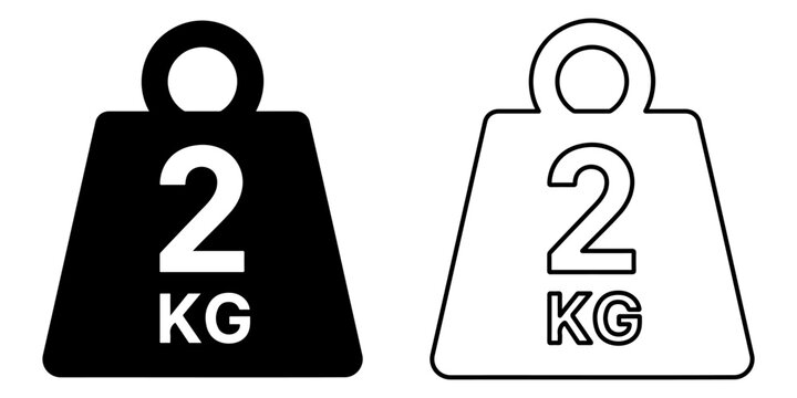 Two kilogram weight symbol solid black and outline versions on white background number