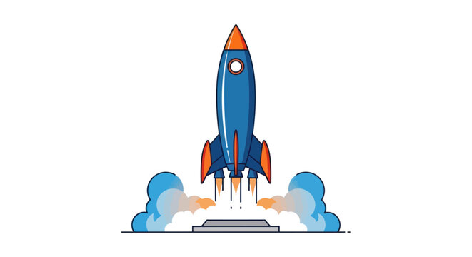 A blue rocket blasts off with orange accents, leaving behind trails of smoke.