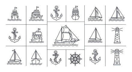 Collection of nautical icons: ships, anchors, lighthouses, and steering wheel © RGN