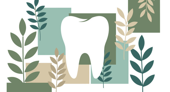 Tooth and leaves on abstract background representing natural dental health.