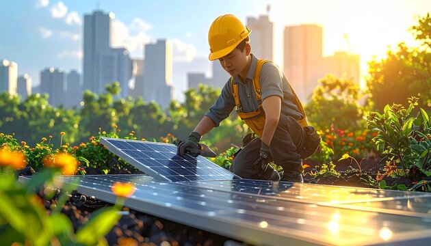 都市の緑の中でソーラーパネルを設置する作業員 都市型太陽光発電と再生エネルギーの素材