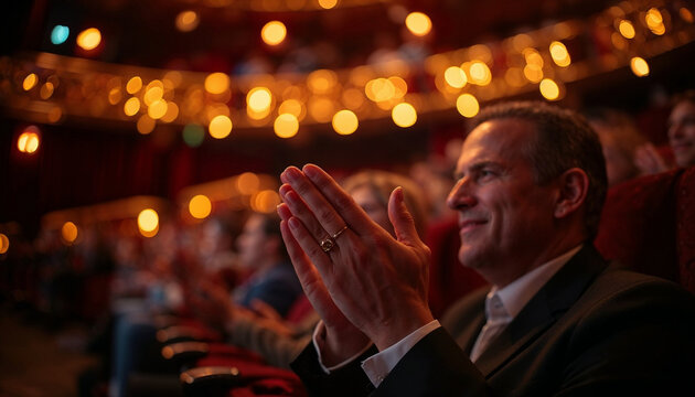 smiling man applauding at international film festival inside luxurious theater auditorium with warm golden bokeh lighting