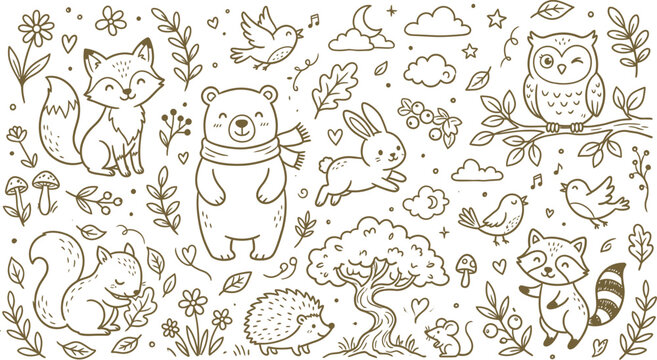 Whimsical forest friends silhouette illustration