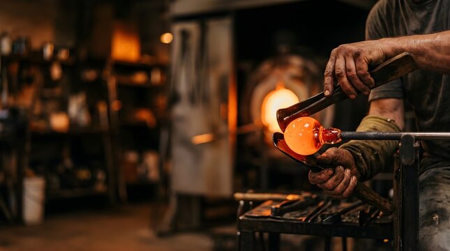 Professional glassblower shaping molten glass in a traditional workshop