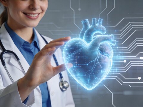 Female medical professional interacting with a digital holographic heart model in a high-tech environment