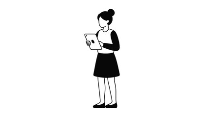 Fototapeta premium Young Woman Using Tablet Computer Minimalist Doodle Line Art Illustration Isolated on White