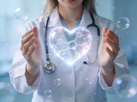 Doctor holding a glowing heart-shaped molecular structure with bubbles in a medical setting