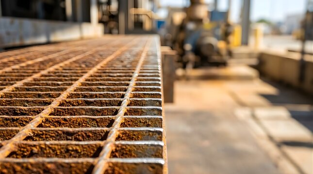 Rusty steel floor grate close up in an industrial facility outdoors