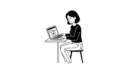 Young woman working on laptop at desk, minimalist black and white line art illustration.
