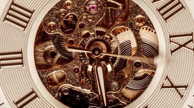 Close up view of intricate mechanical gears and inner workings of luxury golden skeleton watch movement.