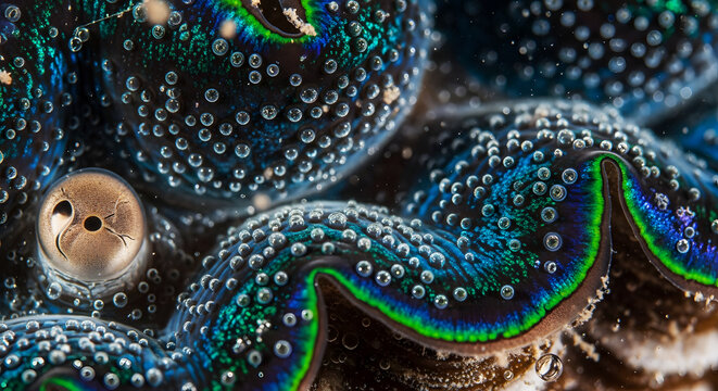 Close up of a giant clam eye and colorful mantle with iridophores underwater.